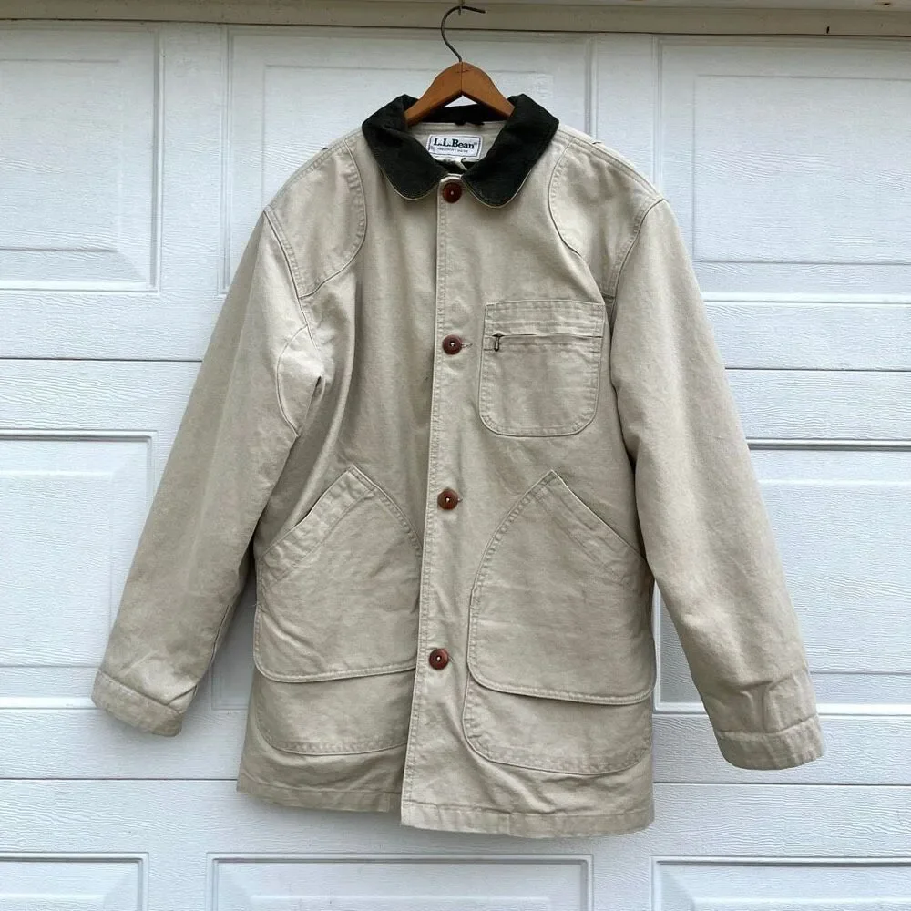 VTG LL Bean Field Coat Barn Jacket Canvas Corduroy Collar M Tall